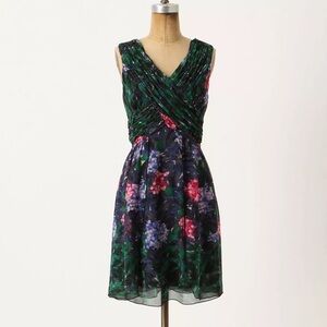 Anna Sui Anthropologie Silk Blurred Hydrangea Cocktail Mini Dress Size 4